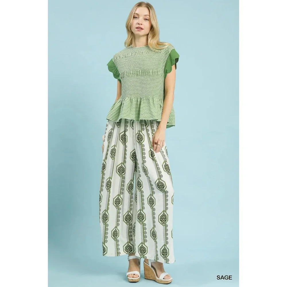 Umgee Geometric Boho Print Wide Leg Pants -‎ Medium